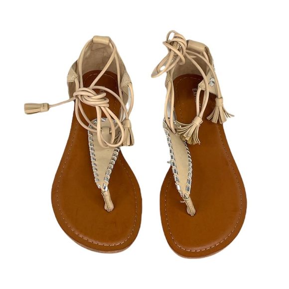Express Faux Leather Gladiator Lace Up Sandals Tan Silver Size 8 - Picture 1 of 9